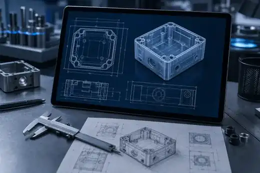 AI-generated initial concept CAD sketch of a precision molded component housing
