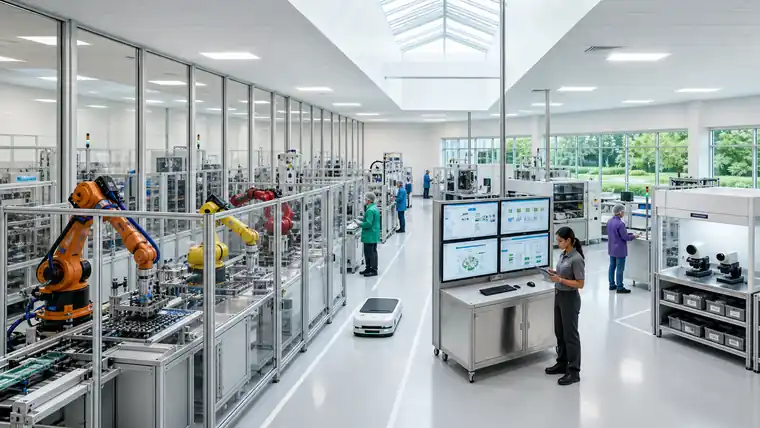 Cleanroom automation production floor with robotic cells and process monitoring