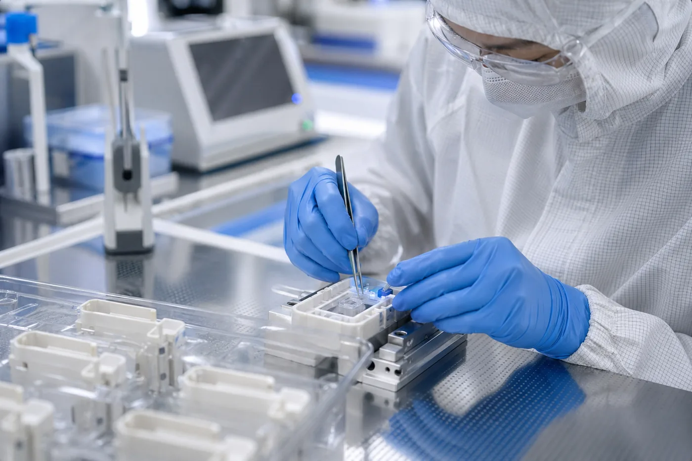 Gloved cleanroom technician assembling a compact medical device component