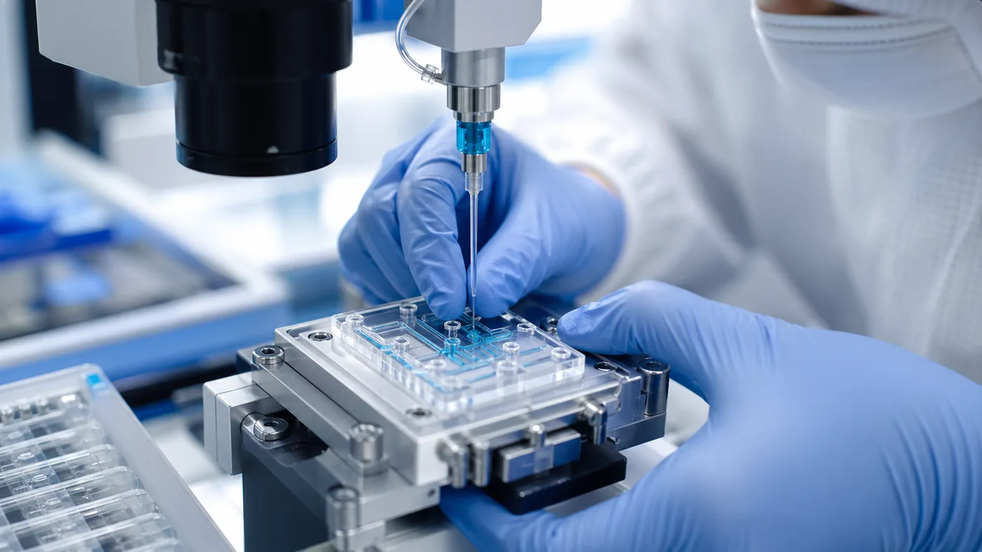 Precision dispensing and inspection of a transparent microfluidic device in a cleanroom