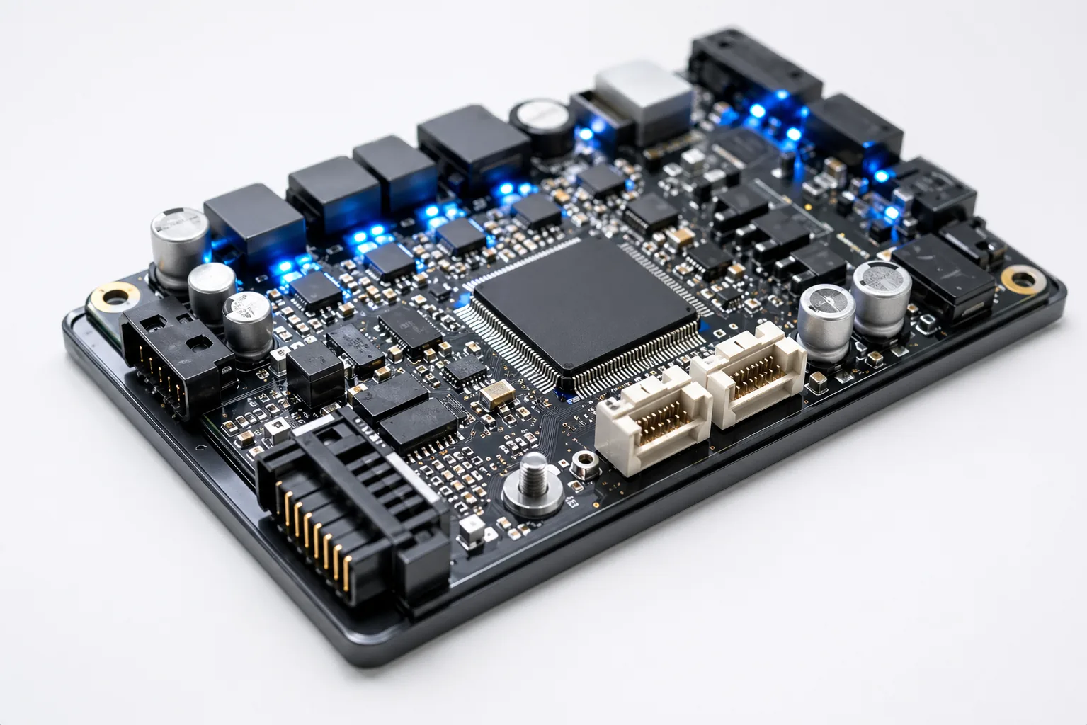 Battery management system electronics board with blue indicator lights