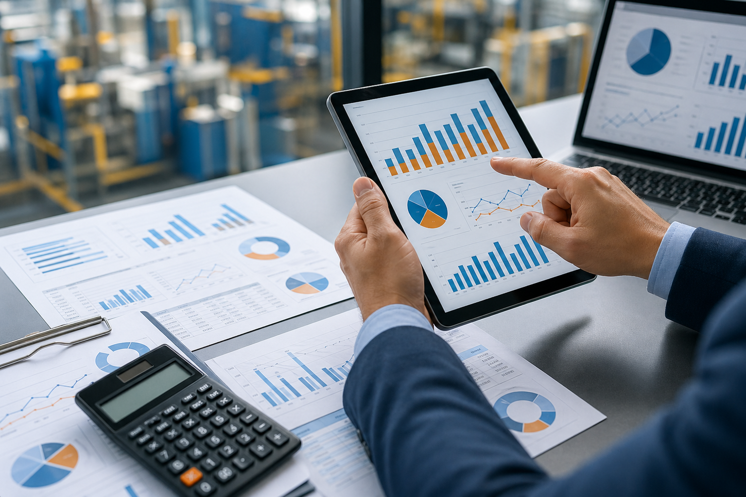 Manufacturing cost optimization charts reviewed on a tablet