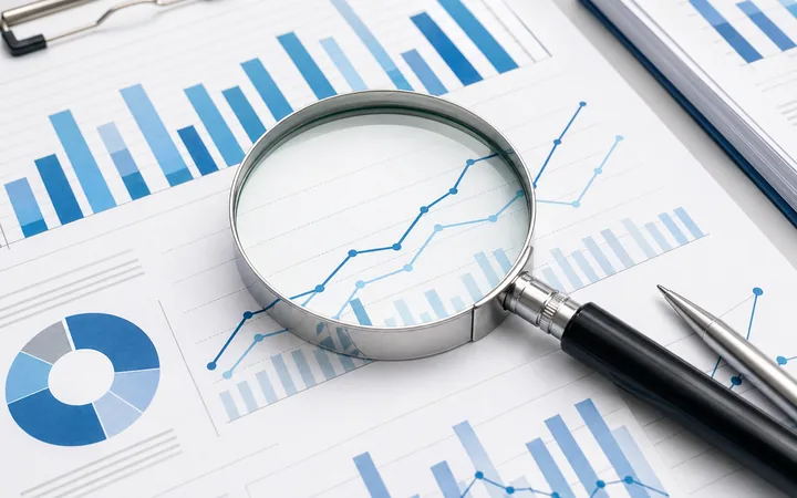 Generated annual report charts with magnifying glass over financial performance documents