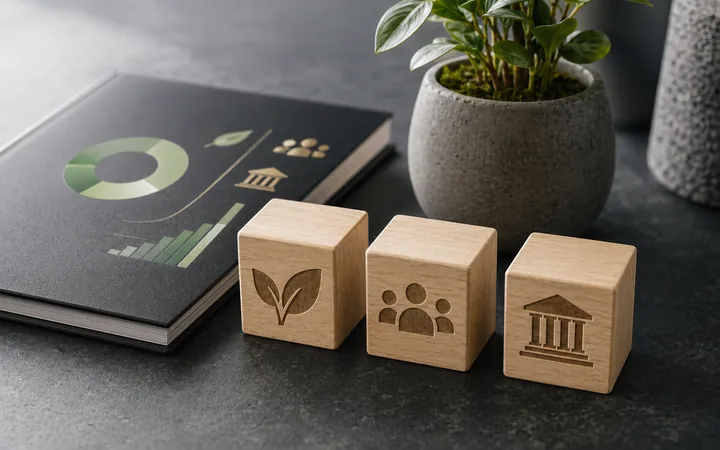 Generated sustainability reporting concept with wooden cubes and abstract governance icons