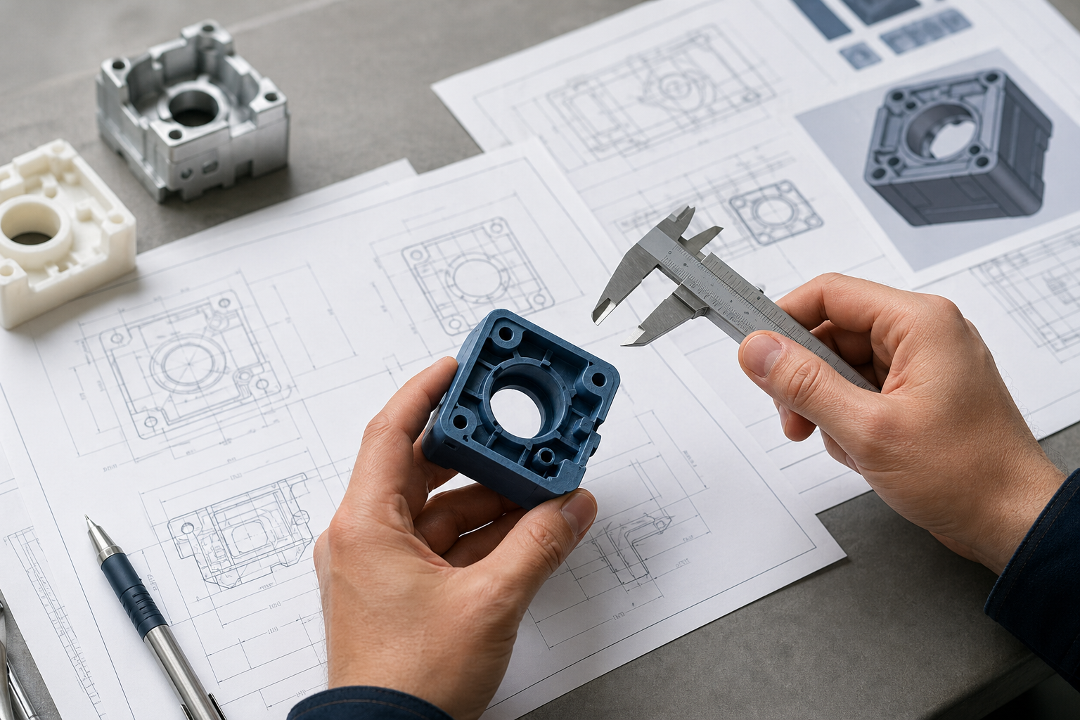 Engineer reviewing a prototype with calipers over technical drawings