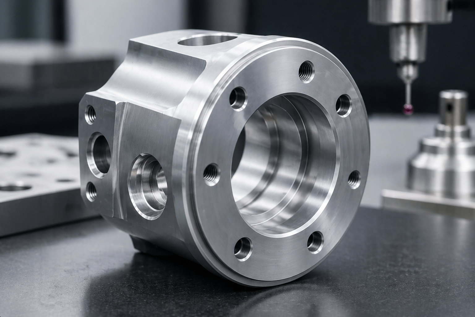 Finished precision machined aluminum component ready for production