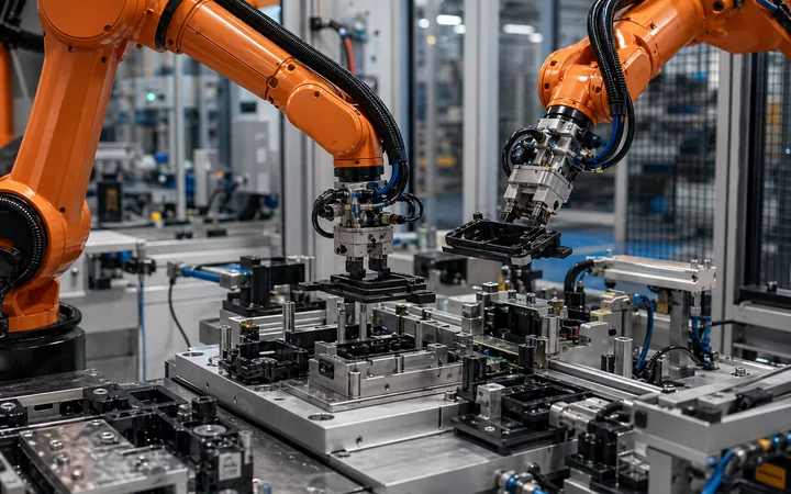 Automated manufacturing cell with robotic arms integrating components
