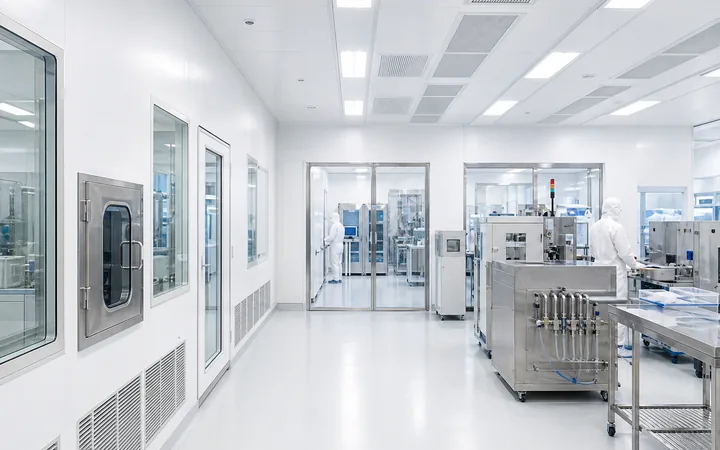 ISO cleanroom manufacturing corridor with HEPA panels and process equipment