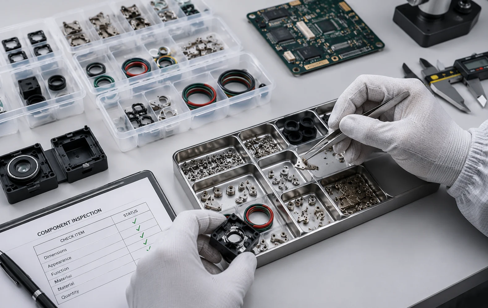 Generated trays of screws seals housings circuit boards and tools prepared for component assembly