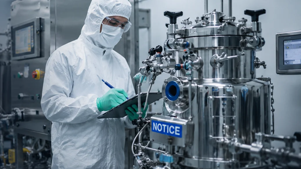 Cleanroom technician inspecting sterile medical components
