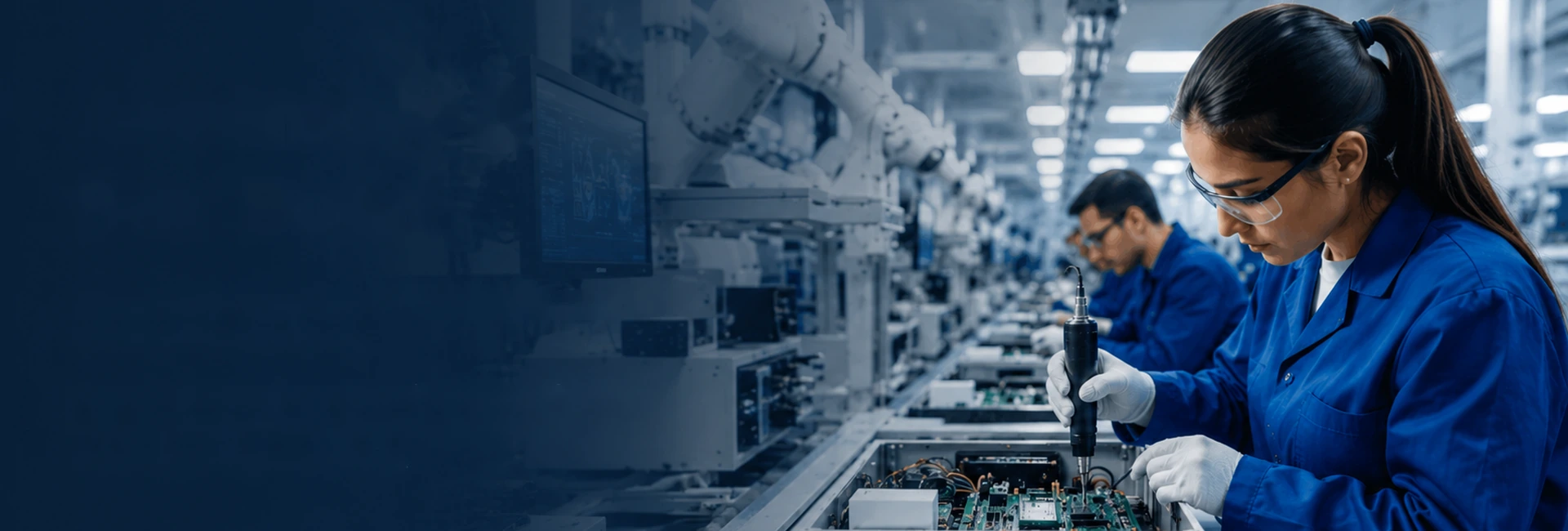 Assembly and box build production line with technicians integrating electronic systems