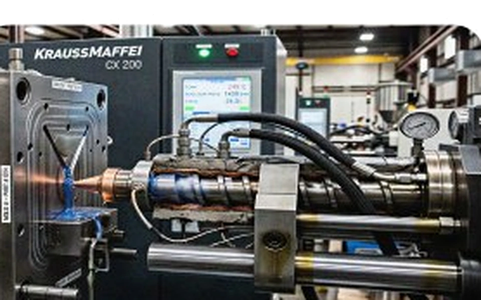 Scientific injection moulding machine and precision mould tool in operation