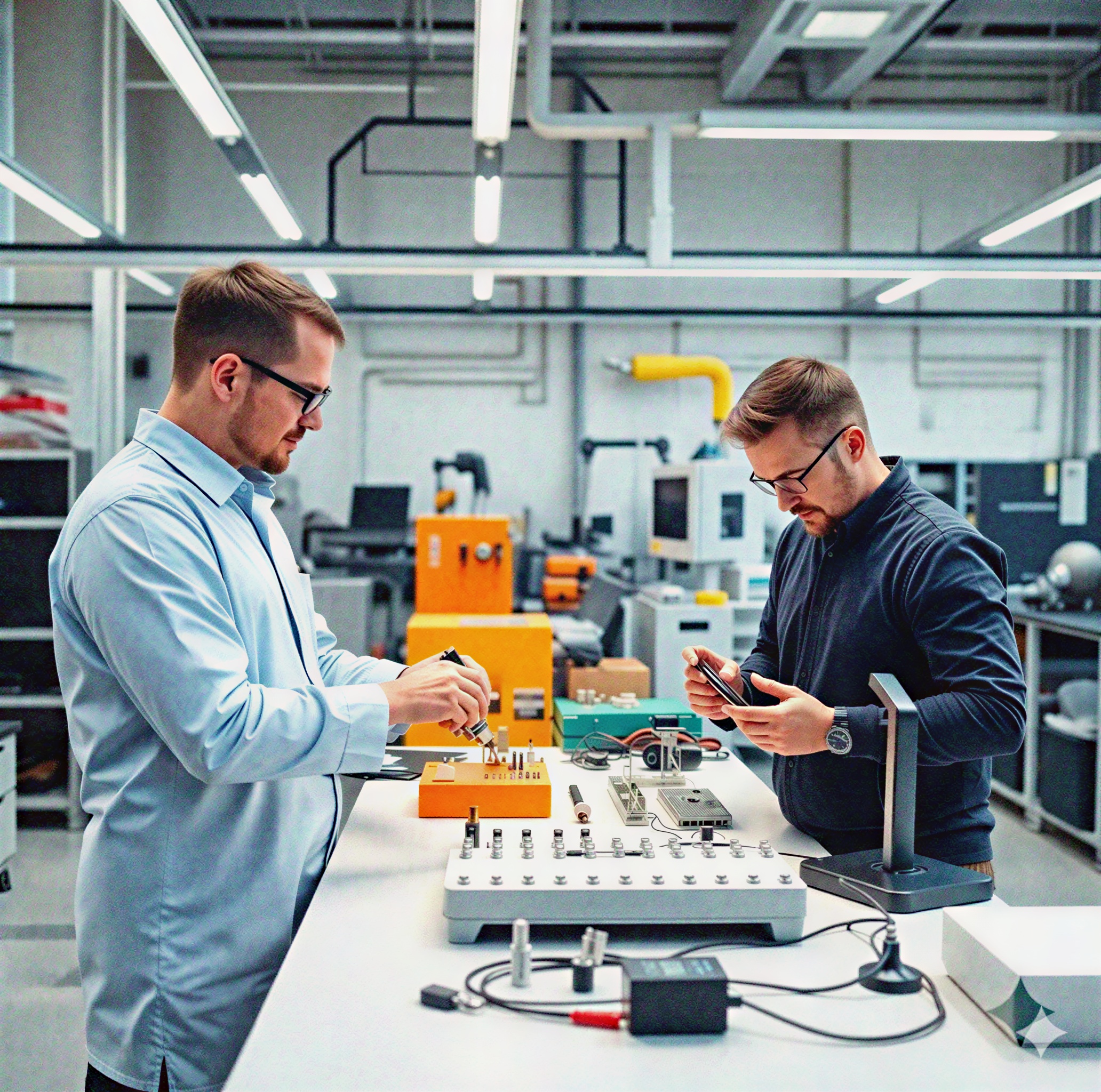 Engineers assembling electronics for new product introduction