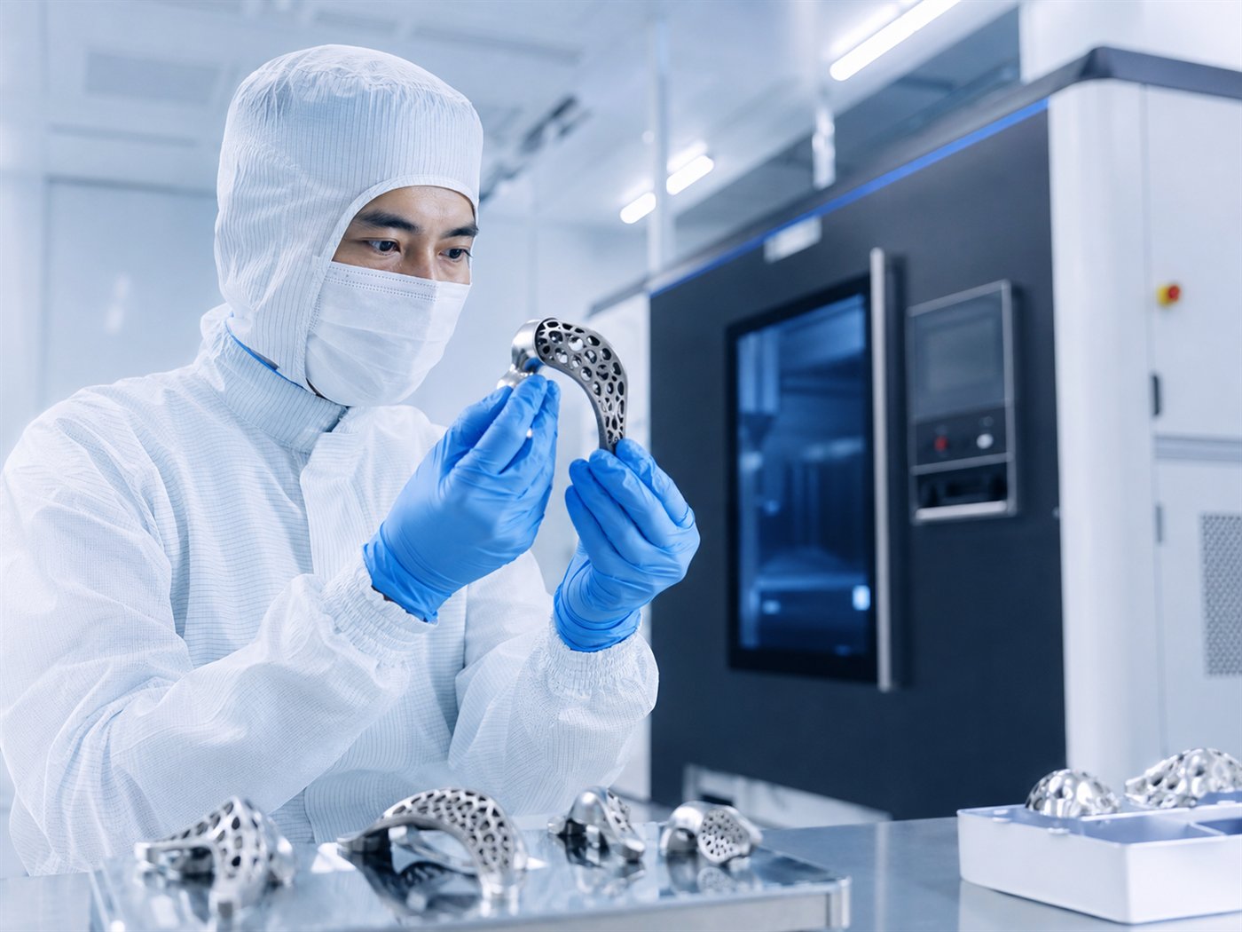 Fu Yu cleanroom technician inspecting a 3D printed titanium medical implant component
