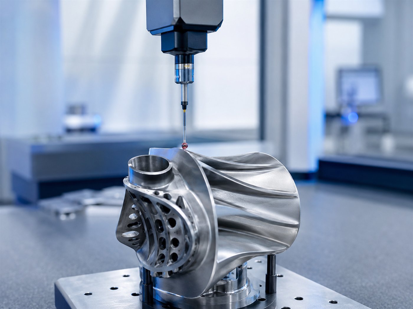 CMM probe measuring a metal 3D printed turbine component during quality validation