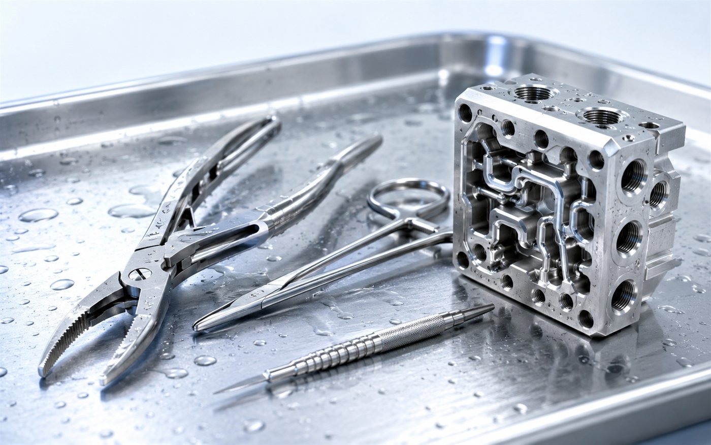 3D printed 316L stainless steel surgical instruments and fluid manifold on a sterile tray