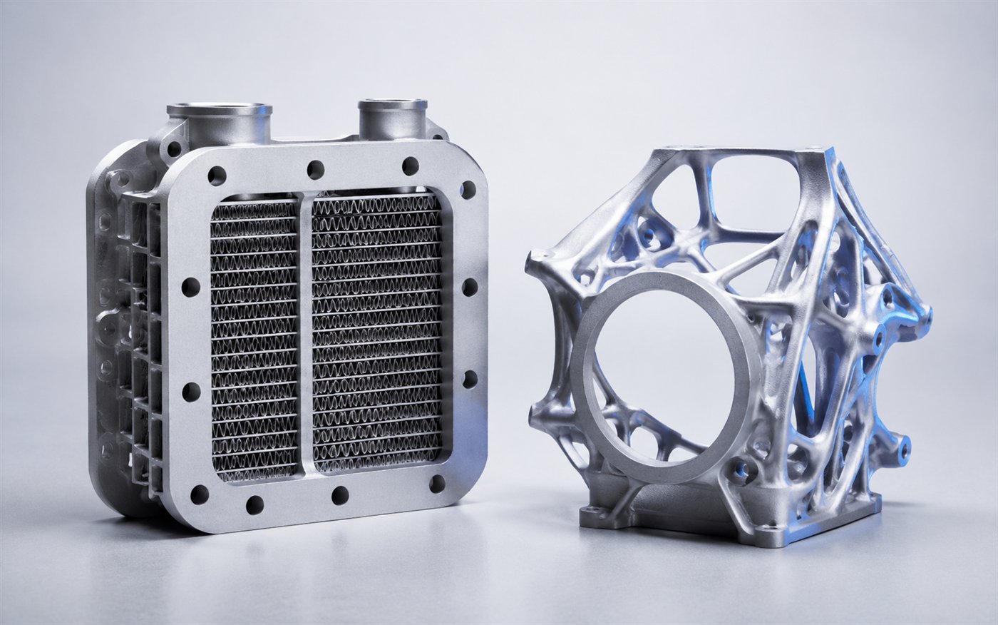 Lightweight 3D printed AlSi10Mg aluminium heat exchanger and topology-optimised bracket