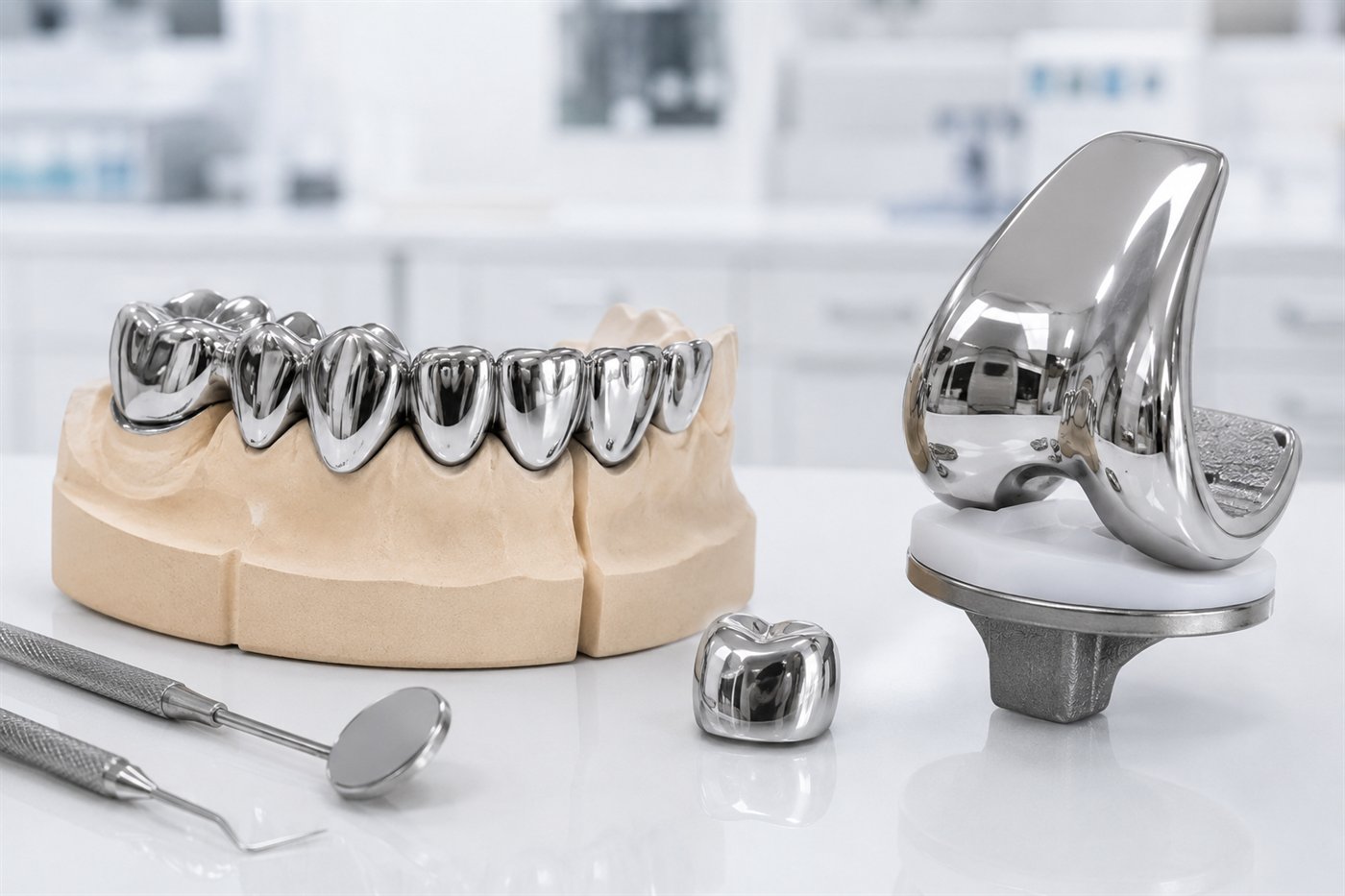 3D printed cobalt-chrome dental bridges, crown and knee implant component
