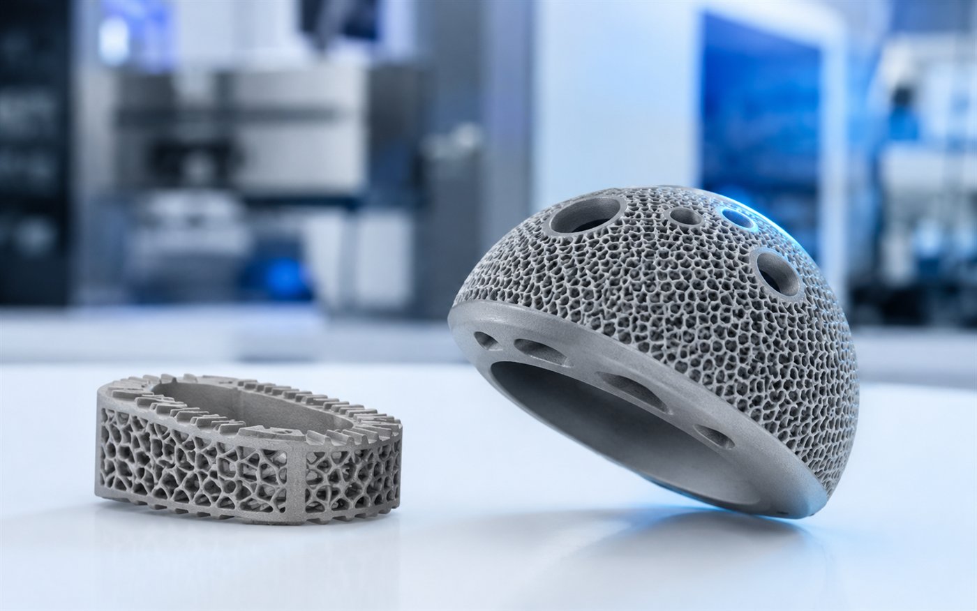 3D printed titanium spinal cage and acetabular cup implants with porous lattice structure