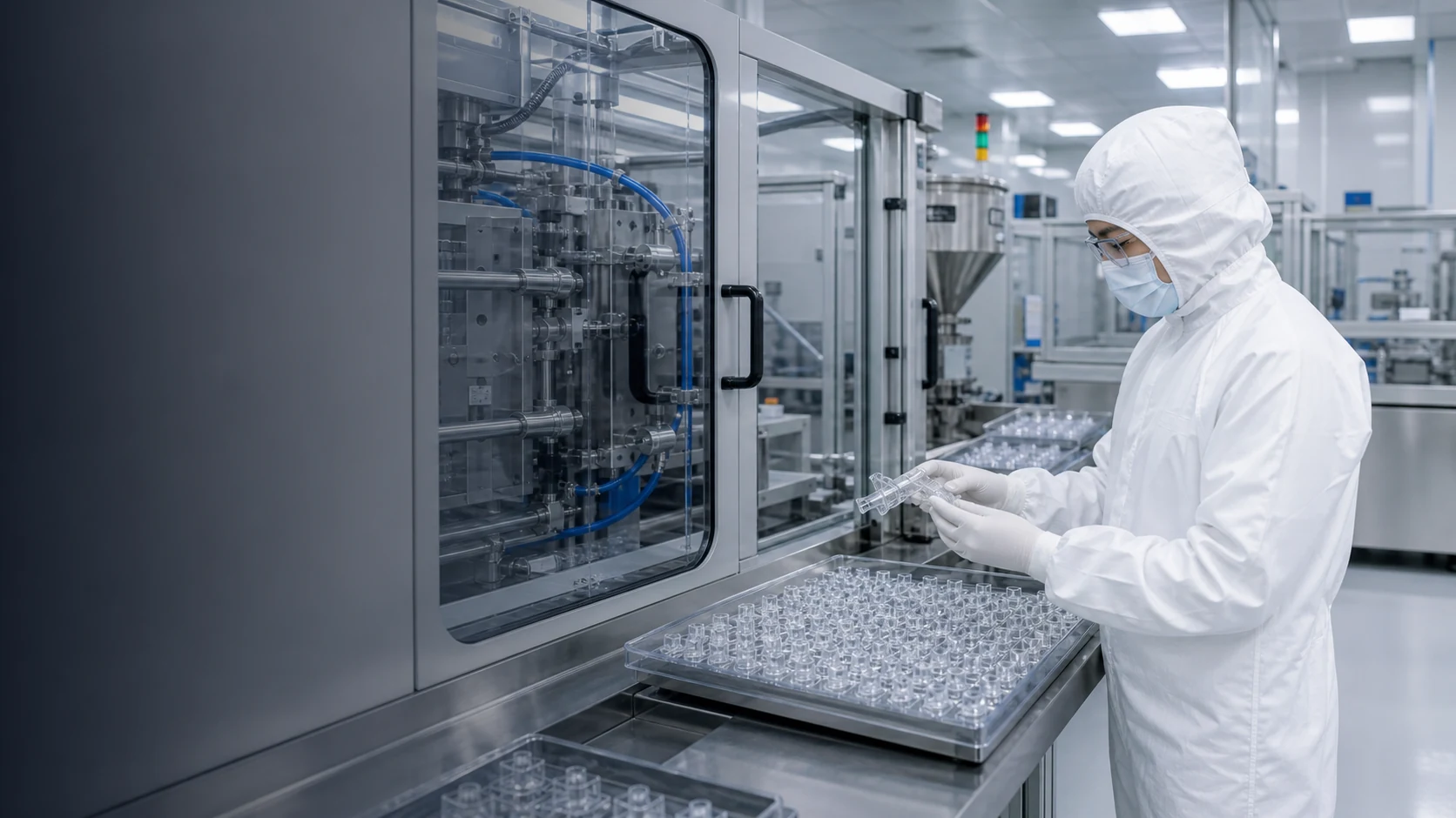 Cleanroom injection moulding cell producing clear precision components in a controlled production environment