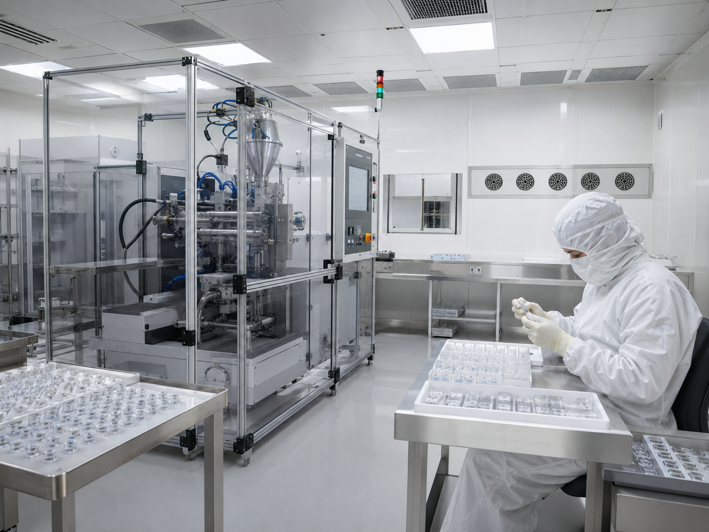 Cleanroom moulding machine with operator inspecting clear molded components