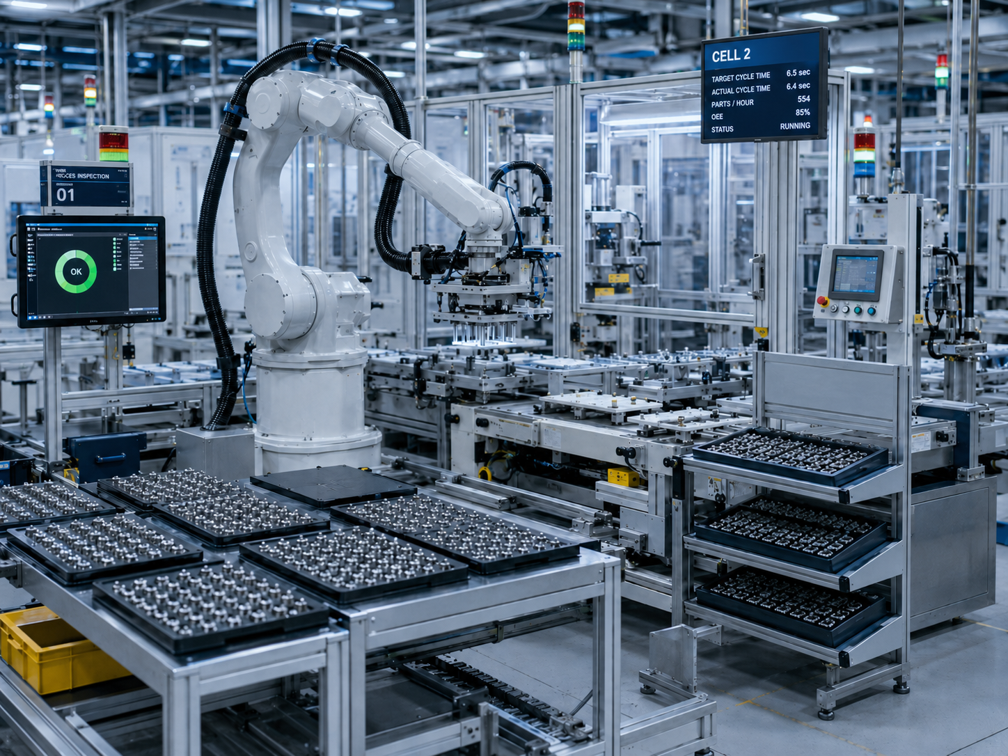 High volume automated production cell with robotic handling, cycle time display, inspection queue, and repeatable output control