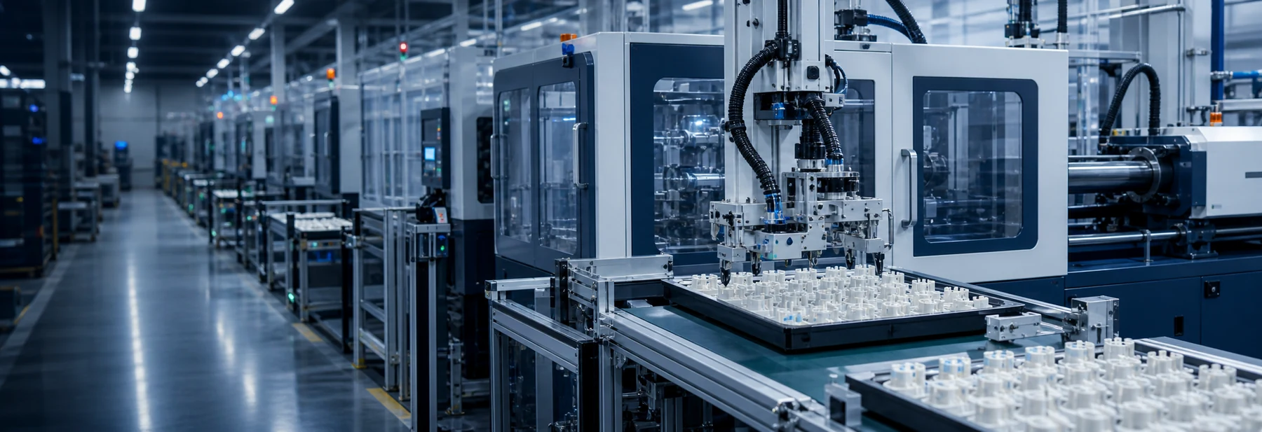High volume automated injection moulding line with robotic handling and trays of precision components