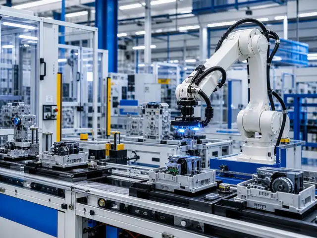 Automated industrial production floor with precision manufacturing equipment