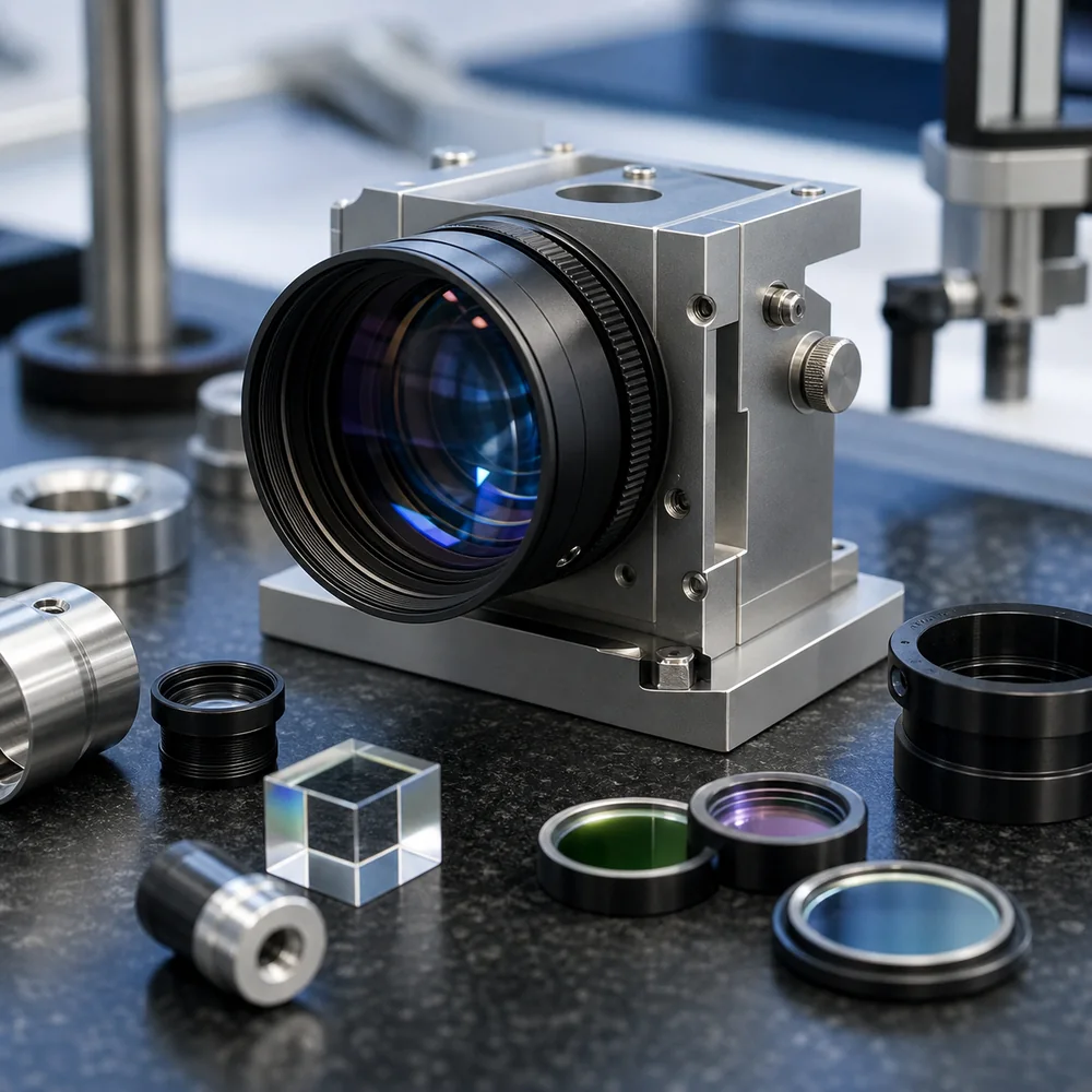 High precision optical module and lens components on inspection bench