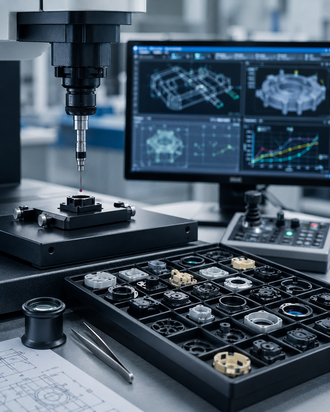 CMM probe inspecting sub-micron precision components with metrology data for assembly fit and surface quality control