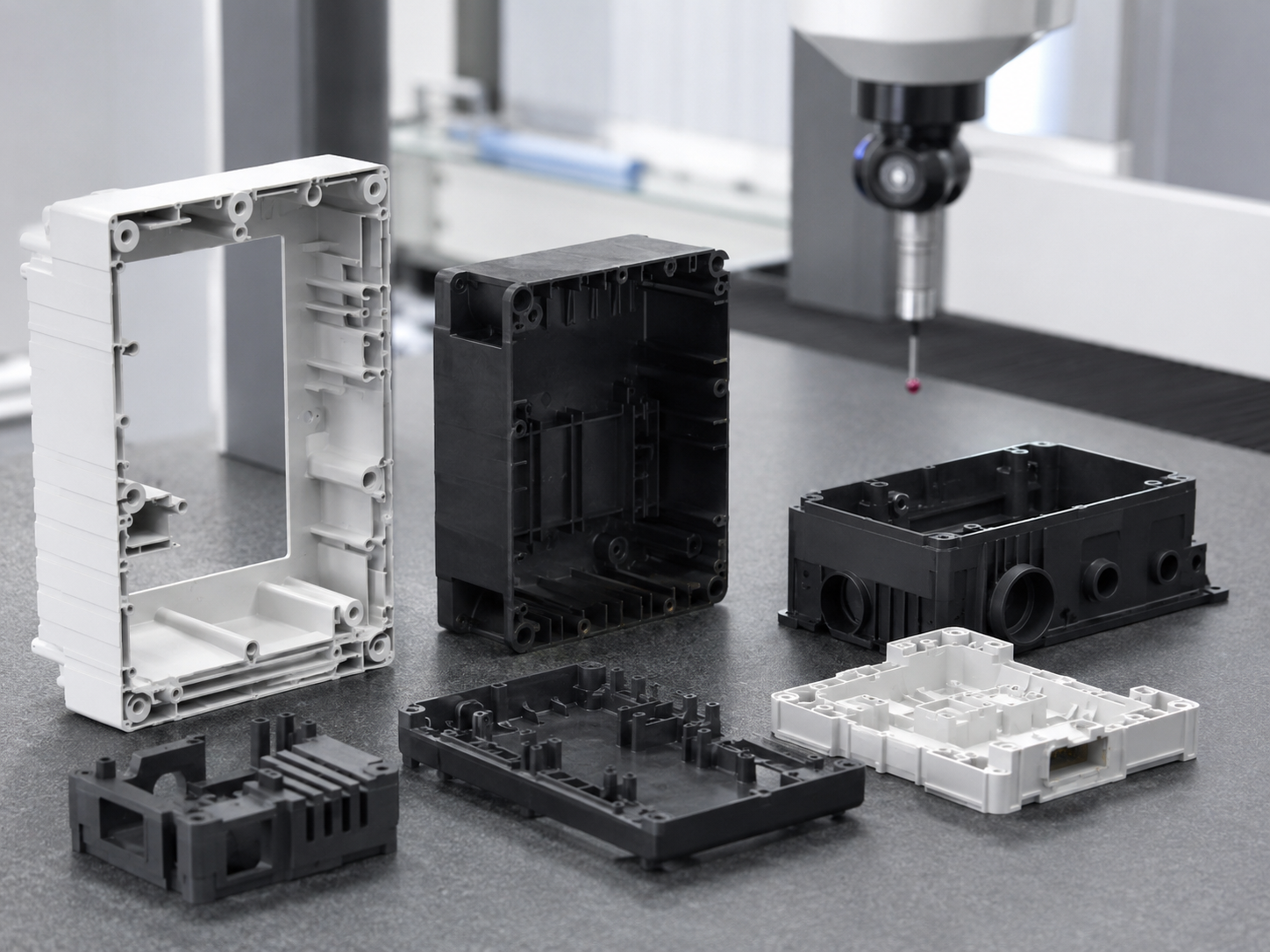 Industrial plastic housing components under CMM inspection