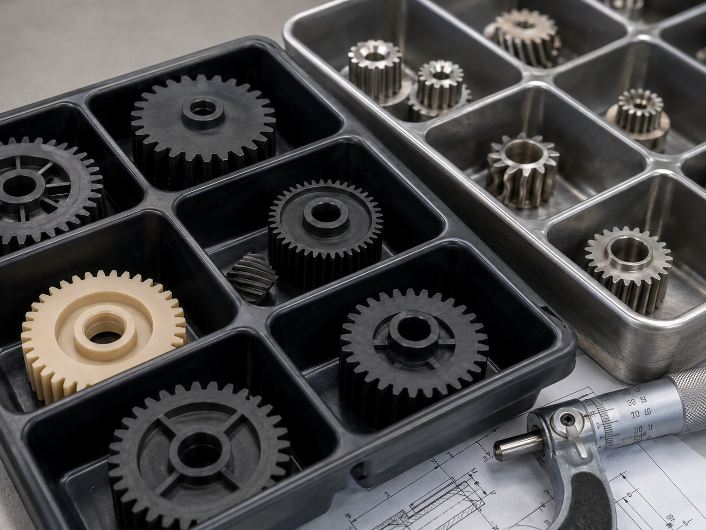 Plastic and metal injection molded gears in inspection trays