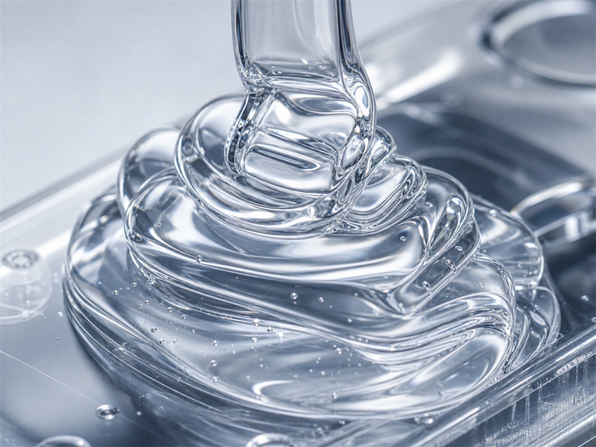 Clear liquid silicone rubber material being poured