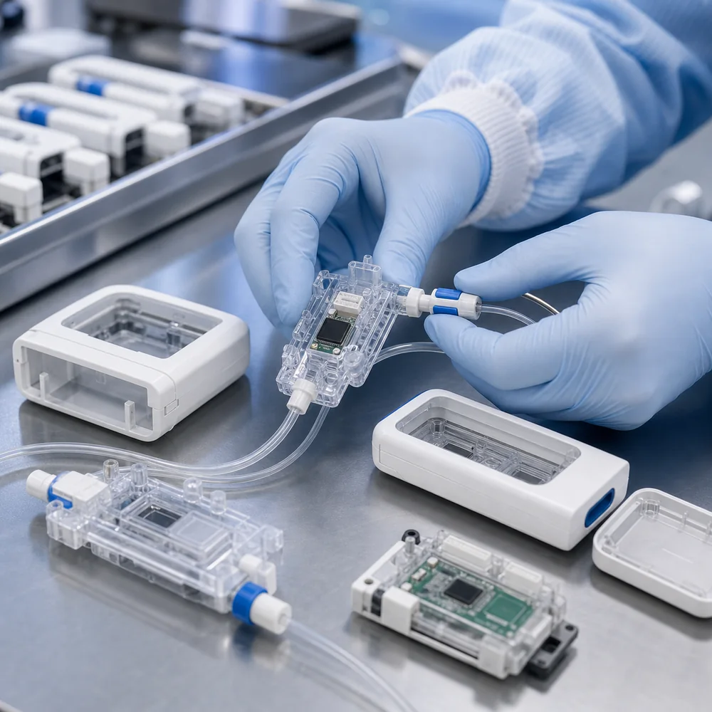 Gloved hands assembling medical device subassemblies in a cleanroom
