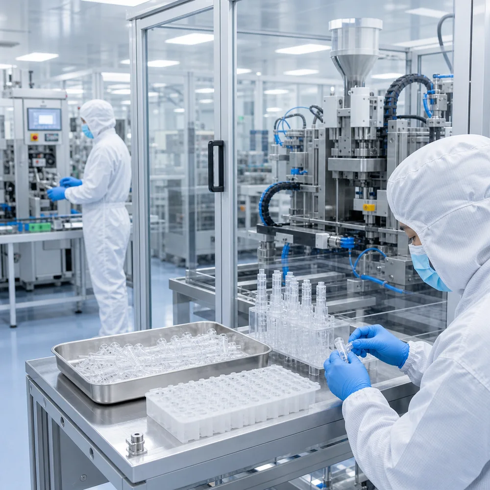 ISO 13485 cleanroom manufacturing cell producing medical plastic components