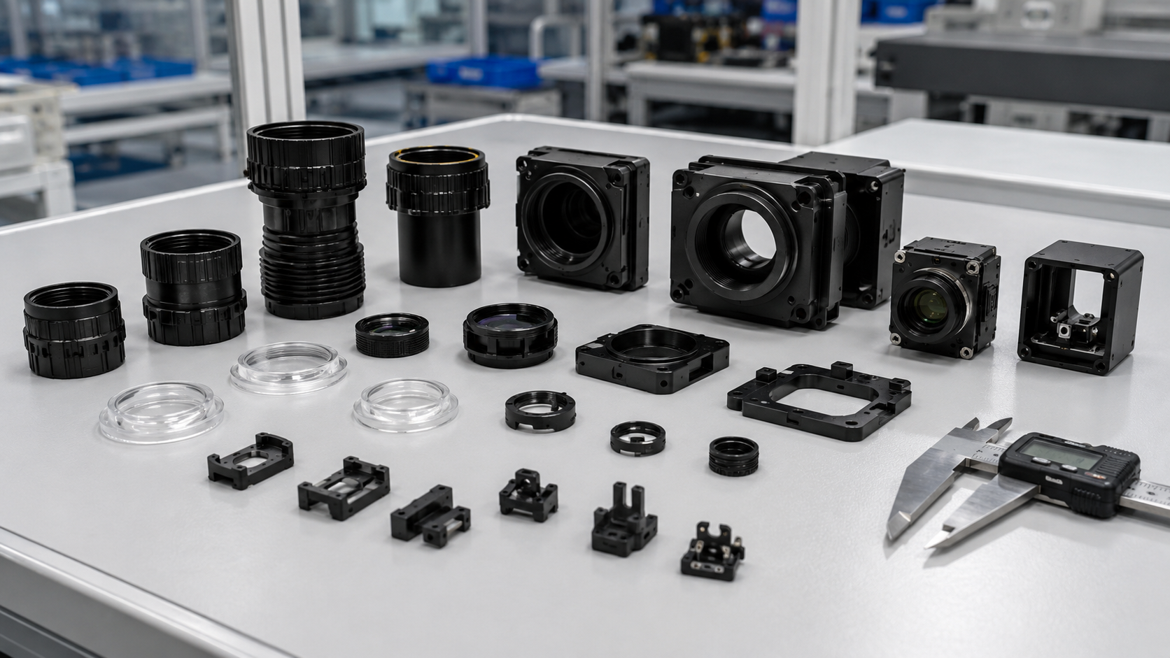 Optical assembly housings, lens barrels, and sensor housings