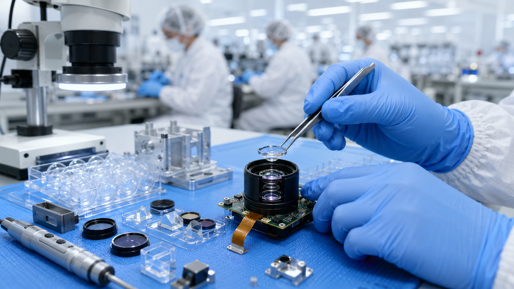 Cleanroom assembly of opto-mechanical lens module - technician placing precision lens into housing with tweezers