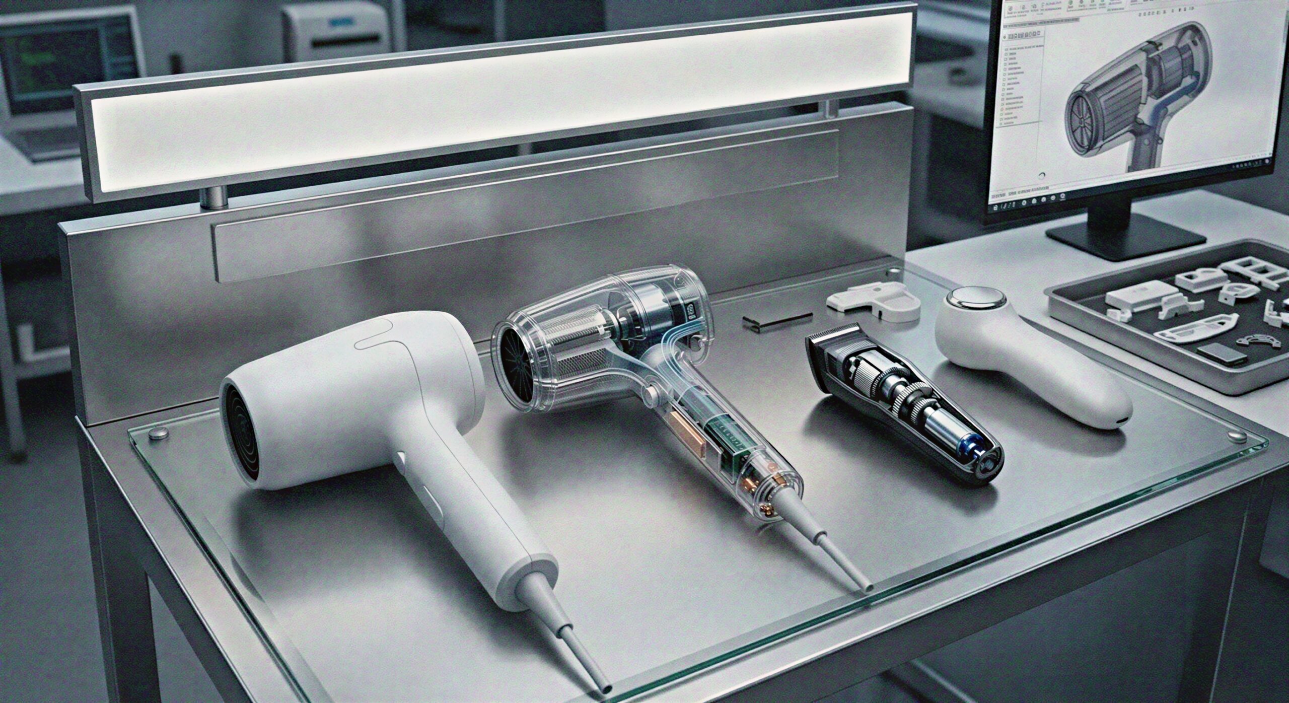 Smart hair dryer cutaway showing internal motor electronics and molded housing